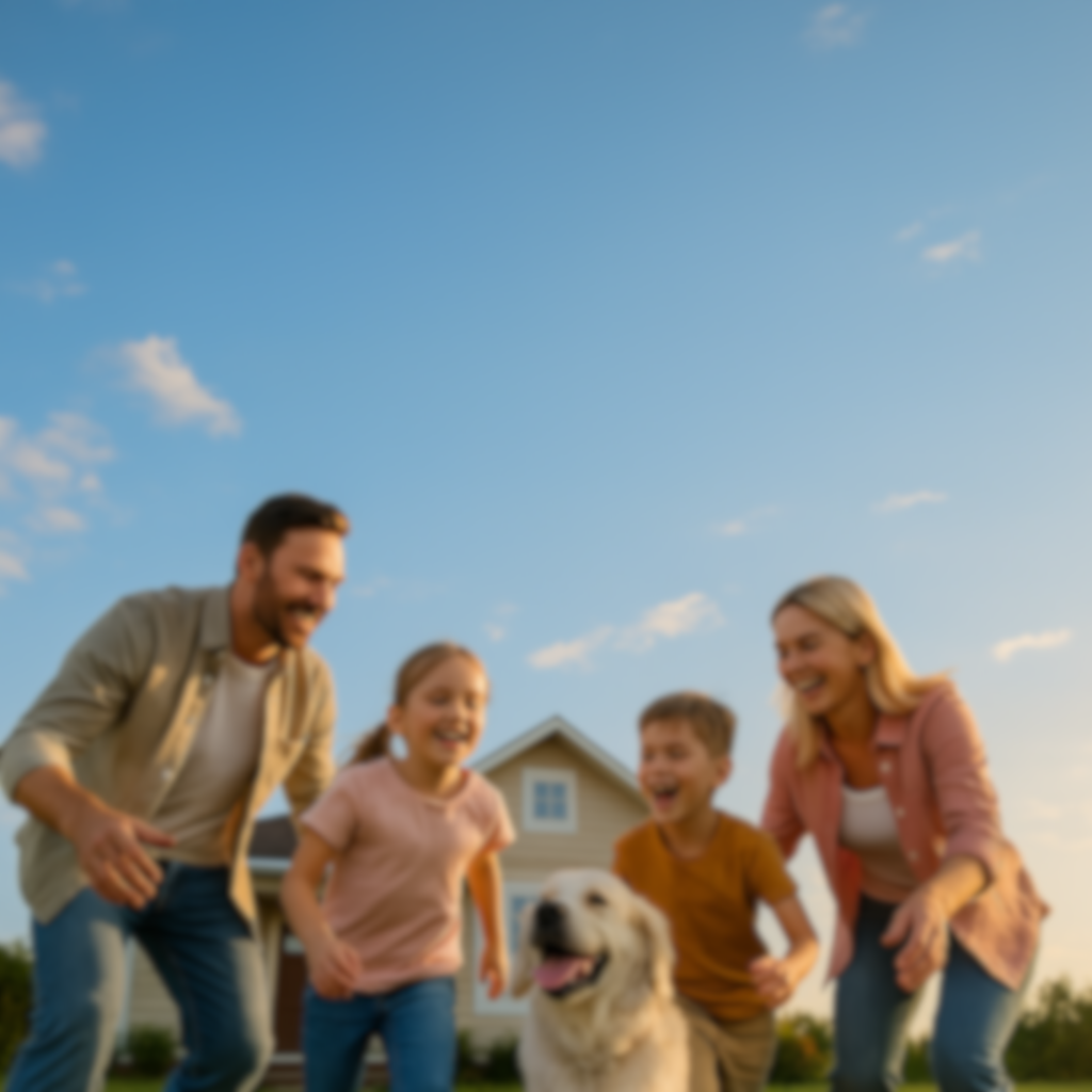 Happy family with golden retriever in a pest-free home